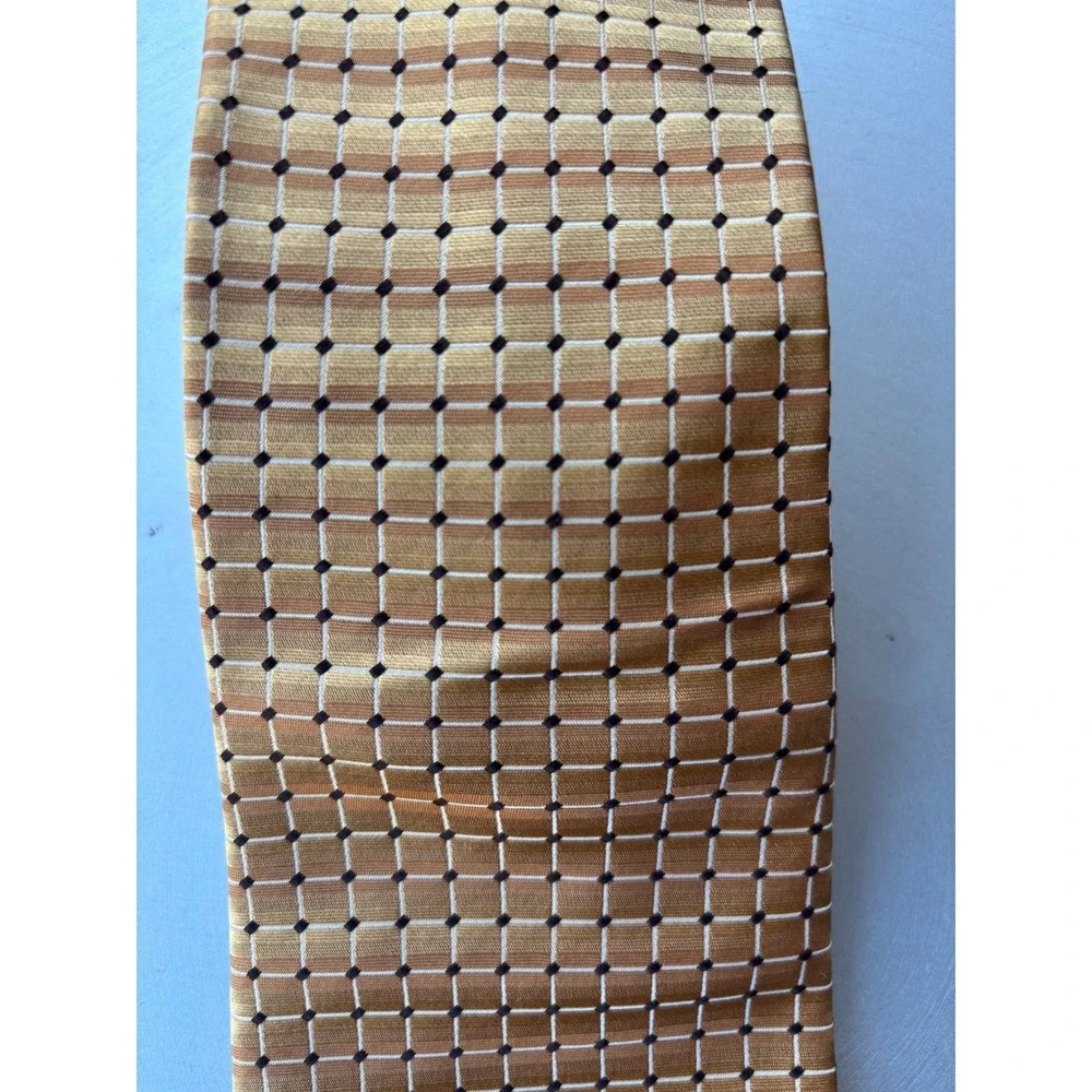 Van Heusen Mens Gold Tan Geometric Grid Silk Necktie Stain Resistant Classic Tie